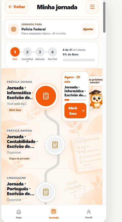 Tela real da Jornada da Polícia Federal no aplicativo Hibuu, com progresso, fases e próxima atividade